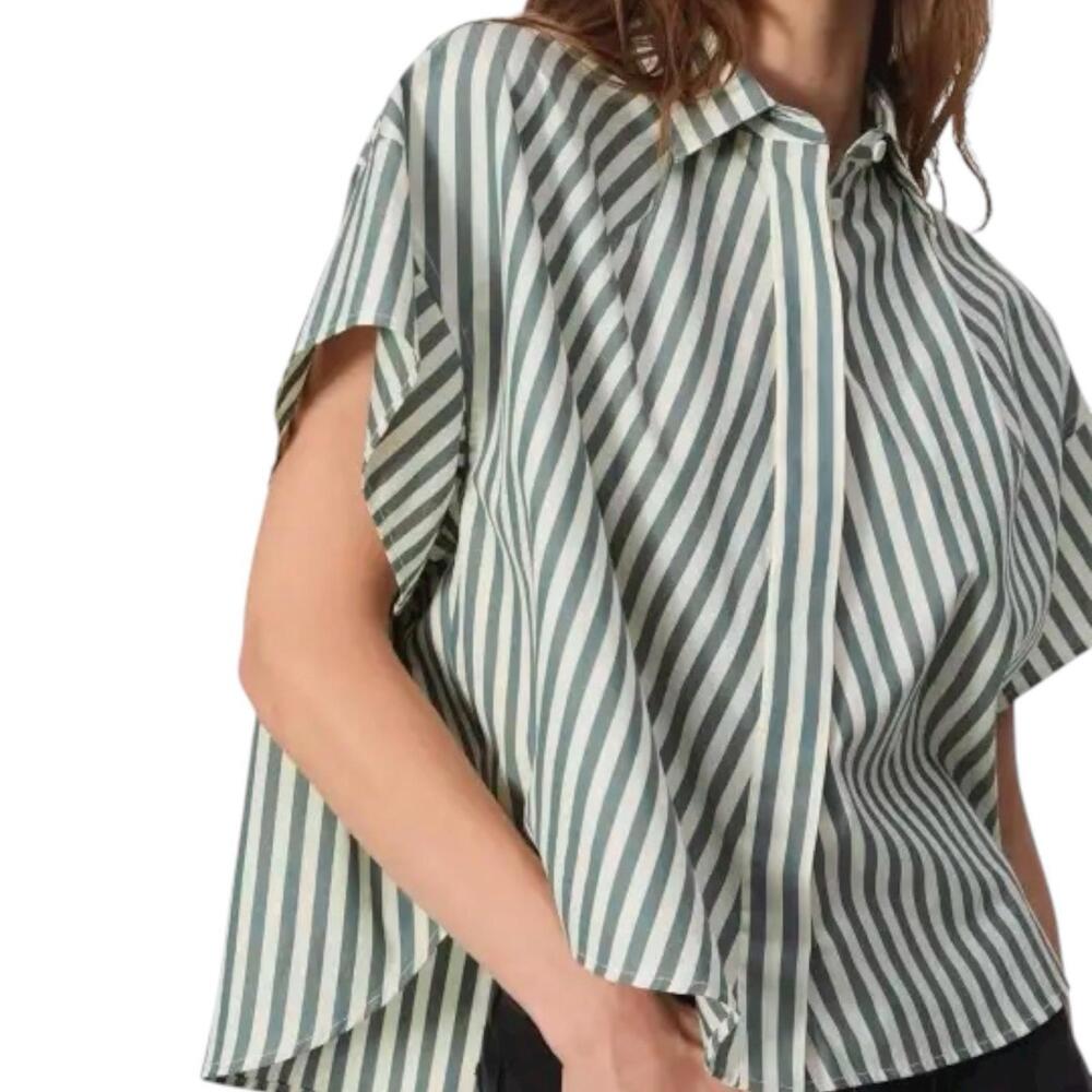 rag & bone Striped Button-Front Short-Sleeve Blouse in Green and White